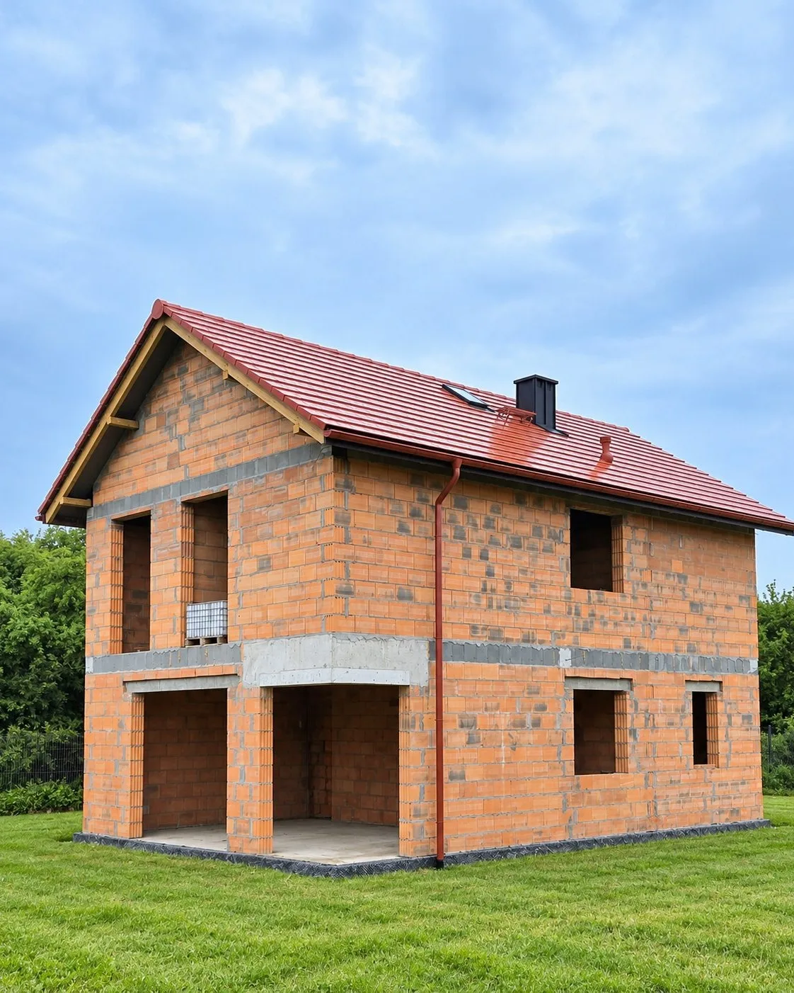 Aktualny stan domu od strony ogrodu — tylna ściana z pustaka ceramicznego i gotowy dach